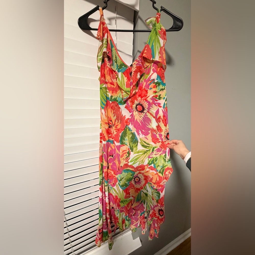 Bandolino Petites Floral Asymmetric Slip Dress W/ Hanky Hem and Ruffle Size 14P